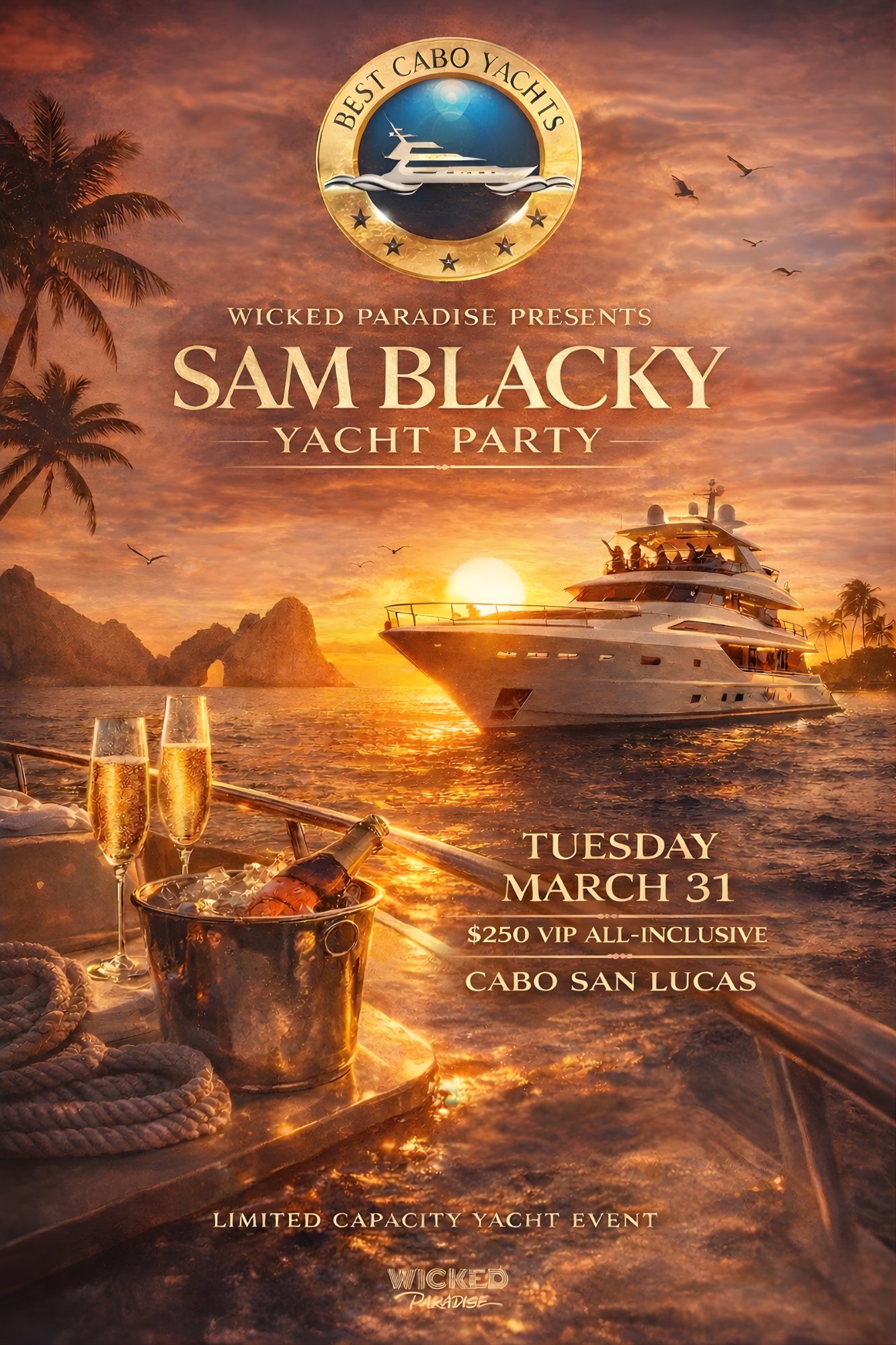 Sam Blacky Yacht Party promotional flyer — Tuesday March 31, Cabo San Lucas, $250 VIP All-Inclusive